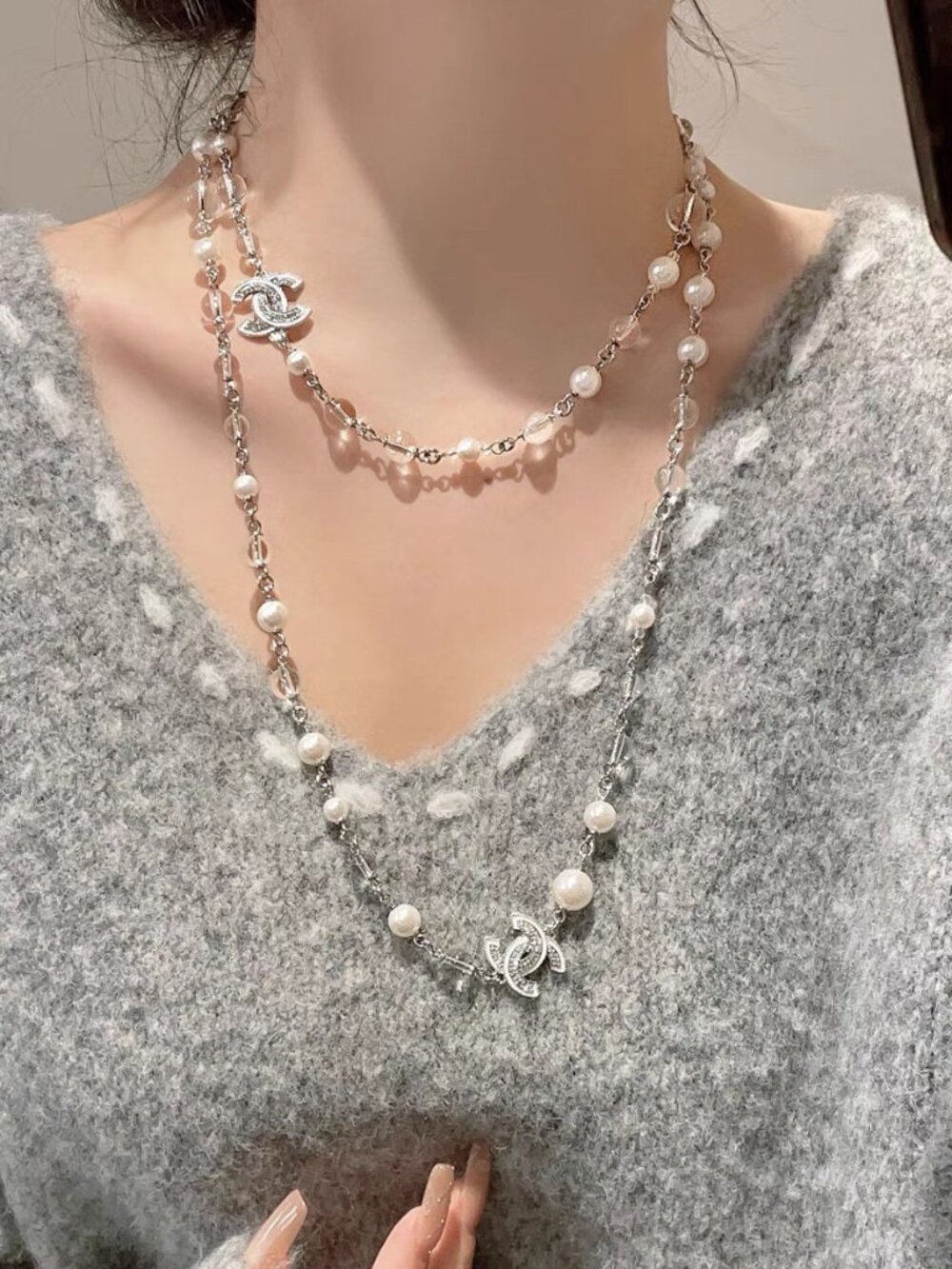 Chanel Pearl & Crystal CC Logo Long Necklace